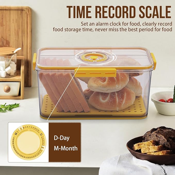 Gifhomfix Bread Box Bread Boxes for Kitchen Counter Airtight, Time Recording Bread Storage Container with Lid, Bread Keeper for Homemade Bread, Toast, Bagel, Donut and Cookies, LARGE Yellow