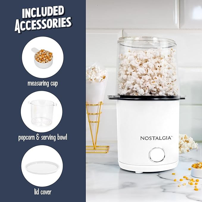 Nostalgia 8-Cup Hot Air Popcorn Maker & Bowl - 2-In-1 Bowl & Lid, 2 oz Measuring Cup - Oil-Free Pop Corn for Movie Night, Snacks, Birthday Parties, and More - White