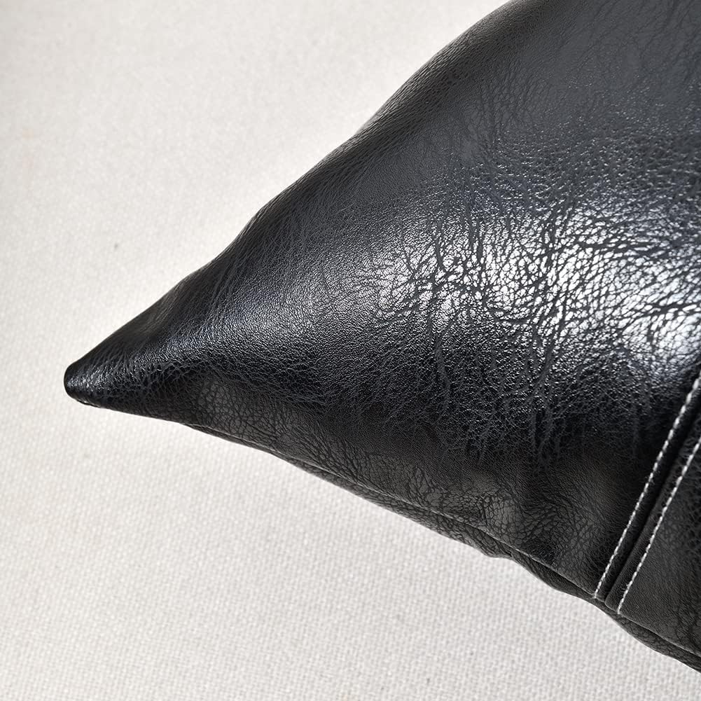 Fancy Homi Black Long Lumbar Faux Leather Decorative Throw Pillow Covers 12x24 Inch for Living Room Couch Bed Sofa, Boho Farmhouse Home Decor, Hand Stitched Rectangle Cushion Case 30x60 cm