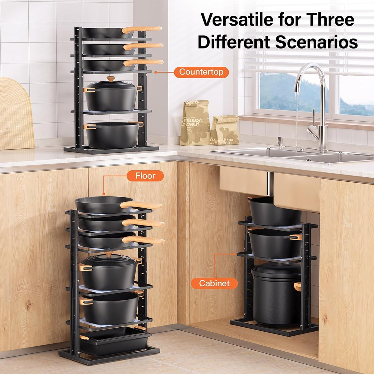 LAMU Pots and Pans Organizer for under Cabinet, 6-Tier Heavy Duty Pan Pot Organizers inside Cabinet Adjustable 14 to 23.39", Pot Rack Kitchen Cabinet Organization and Storage Holds up to 12" Cookware