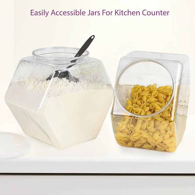DilaBee 2-Pack Plastic Cookie Jar - 1 Gallon Hexagon Candy Jars with Lids for Candy Buffet, Kitchen & Office - Clear Jars with Lids for Cookies, Candies & Dry Food - Plastic Jar with Labels - BPA-Free
