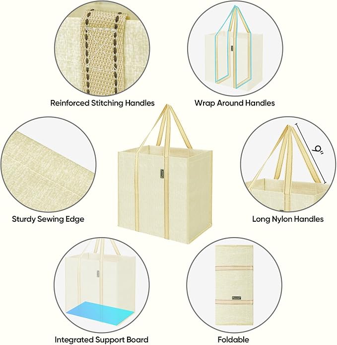BALEINE 4 PK Grocery Bags Reusable Shopping Bags with Reinforced Bottom, Heavy Duty Foldable Tote Bags (Beige)