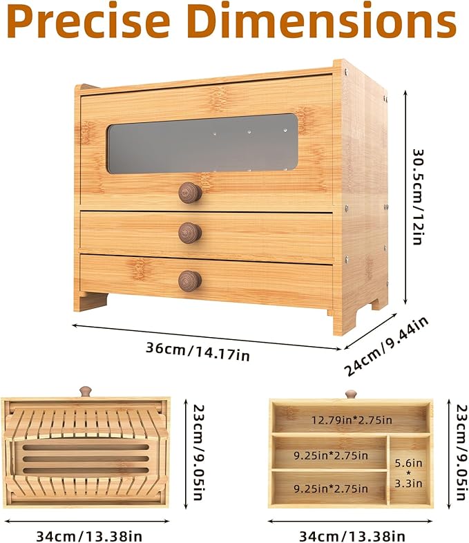 Bamboo Bread Box for Kitchen Countertop & Dining Room,Wooden Storage with Display Compartment & Built-in Bread Slicer,Eco-Friendly Organizer for Homemakers, Bakers & Bread Lovers ﻿