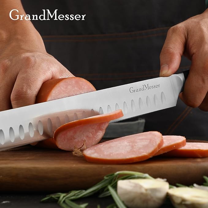 Carving Knife, 12 Inch Slicing Knife for Meat, Premium German Steel with ABS Handle, for BBQ Brisket Turkey Ham Rib Roast Beef with Sharpener.