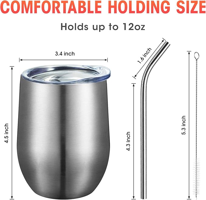 COMOOO 12oz Insulated Wine tumbler with Lid, Stainless Steel Stemless Wine Tumbler Glass,Double Wall Vacuum Wine Tumbler Cups with Straw Coffee, Cocktails,Beer,Champaign Silver, 8 Pack