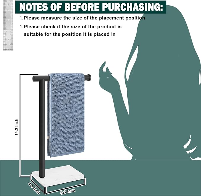 Hand Towel Holder, Hand Towel Stand for Bathroom with Marble Base, 304 Stainless Steel L Shape Hand Towel Rack Bar Standing for Vanity Kitchen Countertop, Matte Black