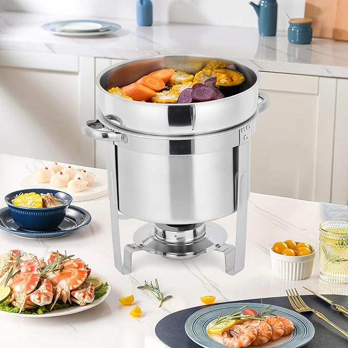 GarveeHome 7QT Soup Chafer Set of 4, Stainless Steel Round Soup Warmer with Pot, Notched Lids & Fuel Holders, Commercial Food Warmer for Buffets, Events and Party Service