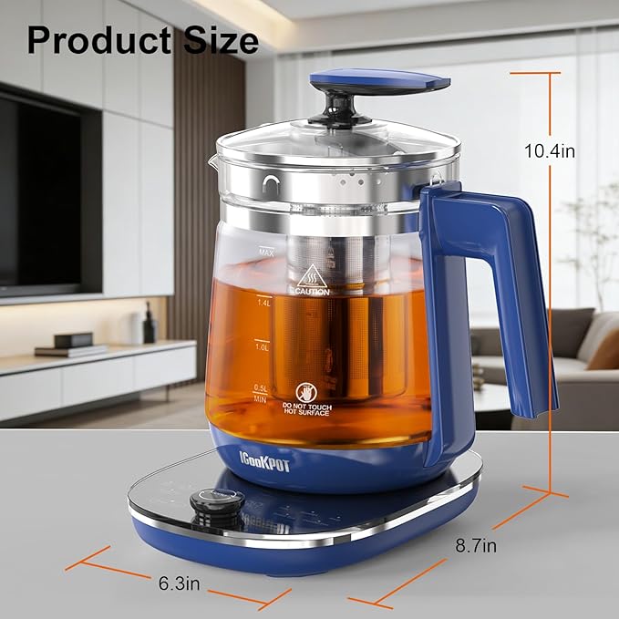 1200w Electric Kettle, 1.5L Borosilicate Glass tea kettle, Hot water kettle electric for Coffee or Tea, BPA Free, Auto Shut-Off, Stainless Steel, Fast Boil, Blue