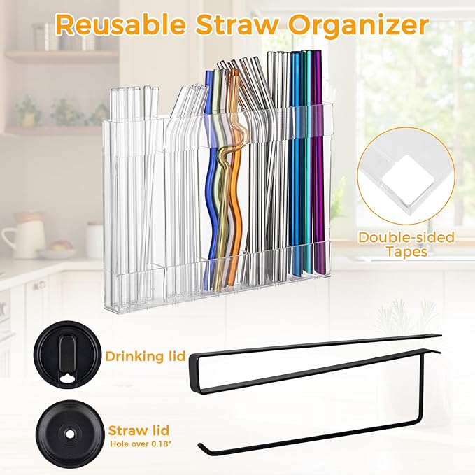 Kitchen Cabinet Straw Holder: Acrylic Organizer and Hanging Lid Rack with Adhesive for Door – Cup Tumbler Accessories Storage Set
