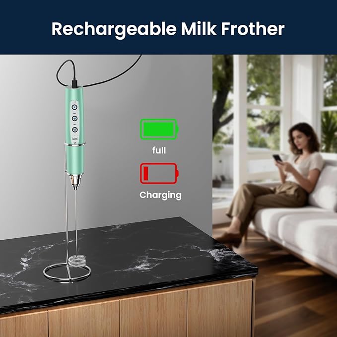Sakgos Milk Frother with Stand Rechargeable- Handheld Coffee Frother with 3 Stainless Whisks 3 Speed Adjustable, Electric Whisk Drink Mixer, Foam Maker Blender for Matcha Latte Cappuccino Chocolate