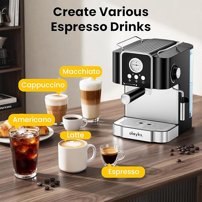 olayks Professional 20-Bar Espresso Coffee Maker, Semi-Automatic with Steam Wand Milk Frother, All-in-One Machine with 1.8L Removable Tank for Latte Cappuccino, Easy Clean