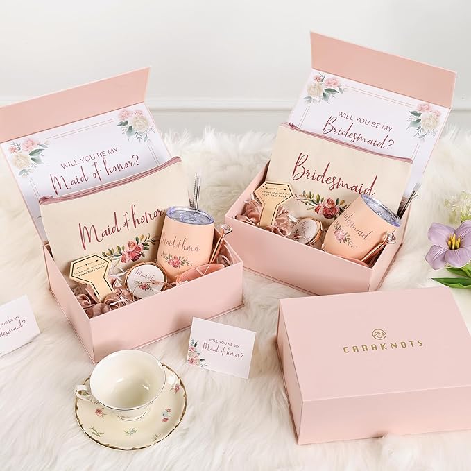 CARAKNOTS Bridesmaid Proposal Gifts Box, Will You Be My Bridesmaid Gift Set Pink Bridesmaids Box for Wedding Bridal Bachelorette Party Favor Stainless Steel Wine Tumbler 12 oz