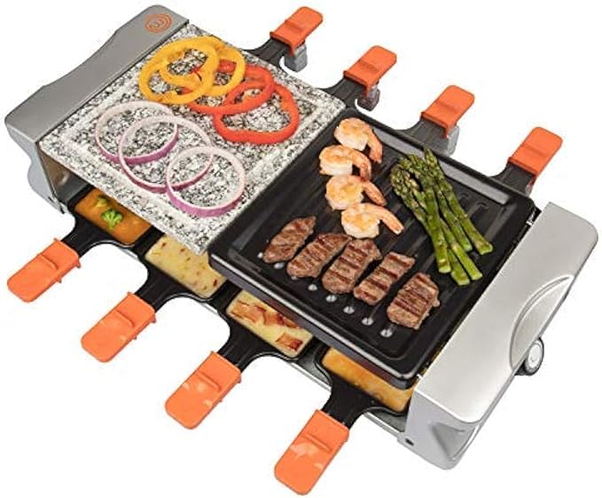 MasterChef Electric Raclette Table Grill w Non-Stick Grilling Plate & Cooking Stone- 8 Person Tabletop Cooker for Indoor, Smokeless, Korean BBQ - Melt Cheese, Cook Meat, Veggies, Appetizers-19" x 8"
