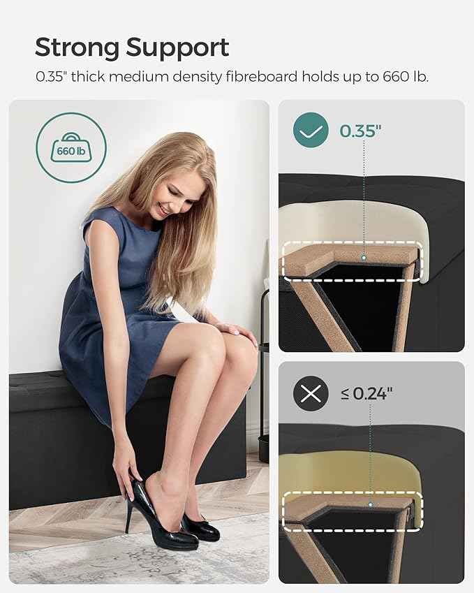 SONGMICS MAZIE Collection - 43 Inches Folding Storage Ottoman Bench, Ottoman Foot Rest, End of Bed Bench, Storage Chest, Load 660 lb, for Living Room, Bedroom, Entryway, Ink Black ULSF077B01