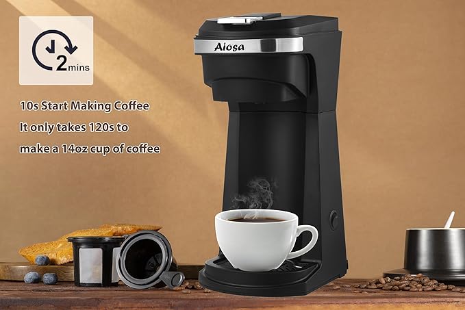 2 in 1 Single Serve Kcup Coffee Maker (6-14Oz), 800W Fast Brew, Compact Design with Reusable Filter, One-Button Auto Shut-Off, Travel Mug Fit, Compatible with K-Cup/Ground Coffee/Tea, Black