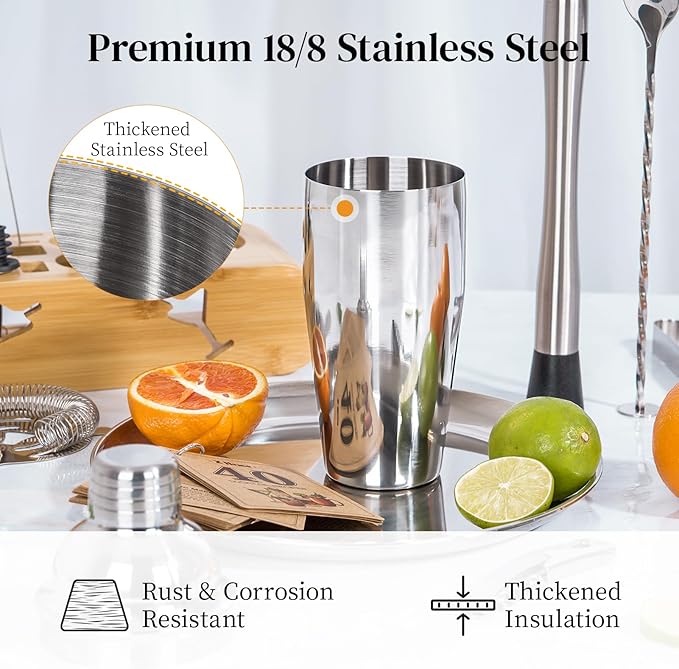 X Home Bartender Kit with Stand, Cocktail Shaker Set for Enthusiasts and Beginners | Includes Martini Shaker, Easy-to-Measure Jigger, Hawthorne Strainer, Mixing Spoon and More, Bartender Kit Gifts
