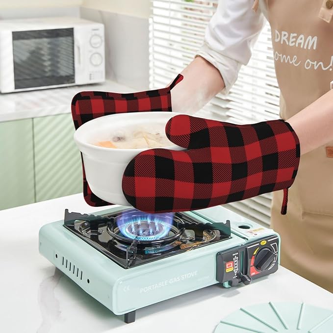 Red Black Buffalo Plaid Checker Oven Mitts and Pot Holders Set Silicone Heat Resistant Red Black Checker Kitchen Gloves Set Plaid Kitchen Mittens Pot Holders for BBQ Cooking