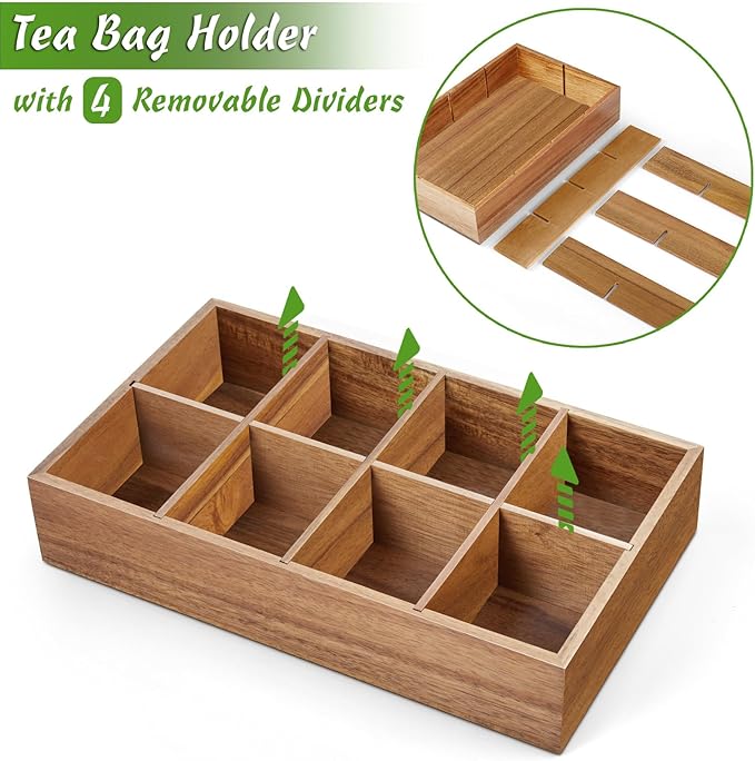 DRASTAR Acacia Wooden Tea Bag Organizer with 8 Slots, Sugar Packet Holder and Tea Bag Caddy Box for Countertop