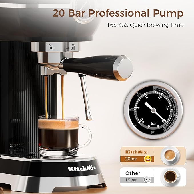 KITCHMIX Espresso Machine with Milk Frother ，20 Bar Stainless Steel Espresso Maker with Milk Frother Steam Wand, Espresso Coffee Machine with Removable Water Tank (Black)