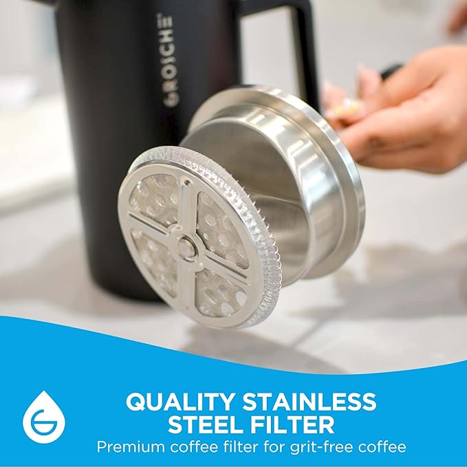 GROSCHE Dub'lin Stainless Steel Coffee Maker French Press 8 Cup | 34 FL Oz Coffee Press, 18/8 Double Walled Stainless Steel French Press Coffee Maker - Hot/Cold Brew | Stainless French Press - BLACK