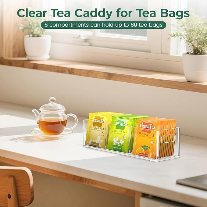 EsLuker.ly Tea Bag Holder Organizer for Counter Small Acrylic Teabag Caddy Storage, 2 Pack Clear Tea Bar Station Accessories with Easy Access for Kitchen Office Countertop Cabinet Drawer