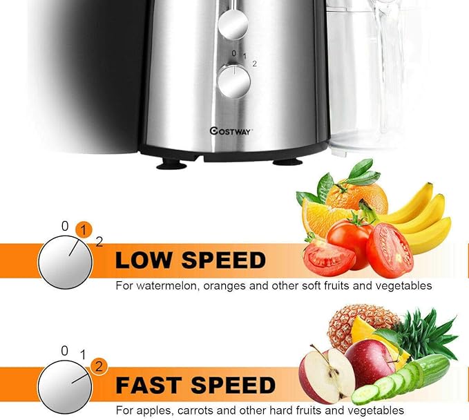 COSTWAY Juice Extractor, 75MM Wide Mouth Stainless Steel Juicer Machines, 2-Speed Setting High Speed Masticating Juicer Machine for Fruits and Vegetable with Slag Pot and Juice Jug, BPA-Free