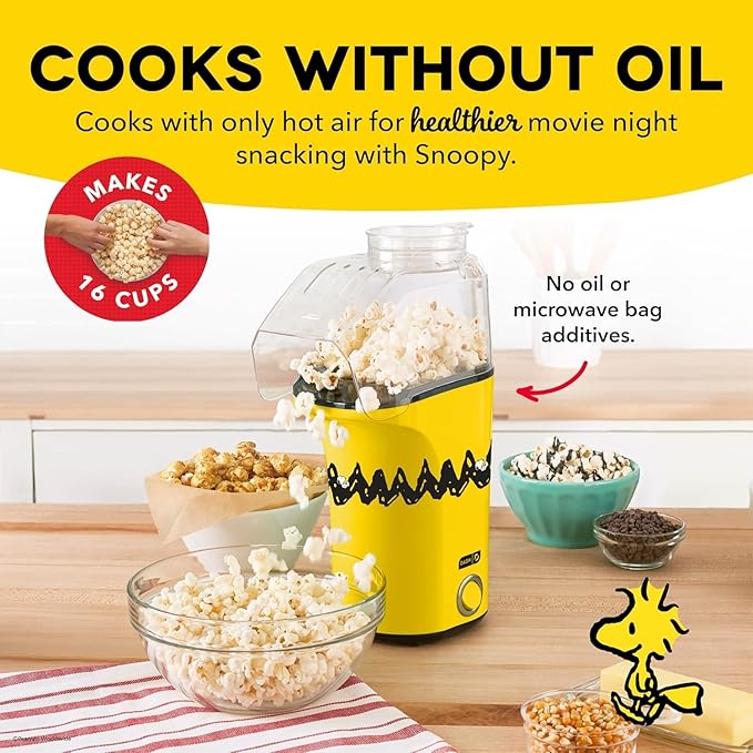 Peanuts DASH Fresh Pop Popcorn Maker - Oil-Free, Air Popcorn Popper - With Measuring Cup & Recipe Guide - Perfect for Movie Nights - 16 Cups