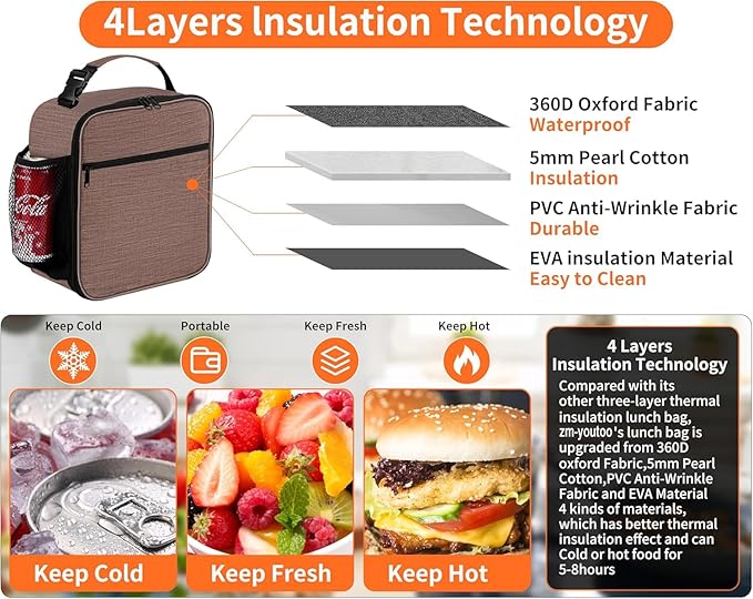 ZM-YOUTOO Lunch Box for Men - Reusable Lunch Bag Men Adult Women- Insulated Small LunchBox (Light Brown)