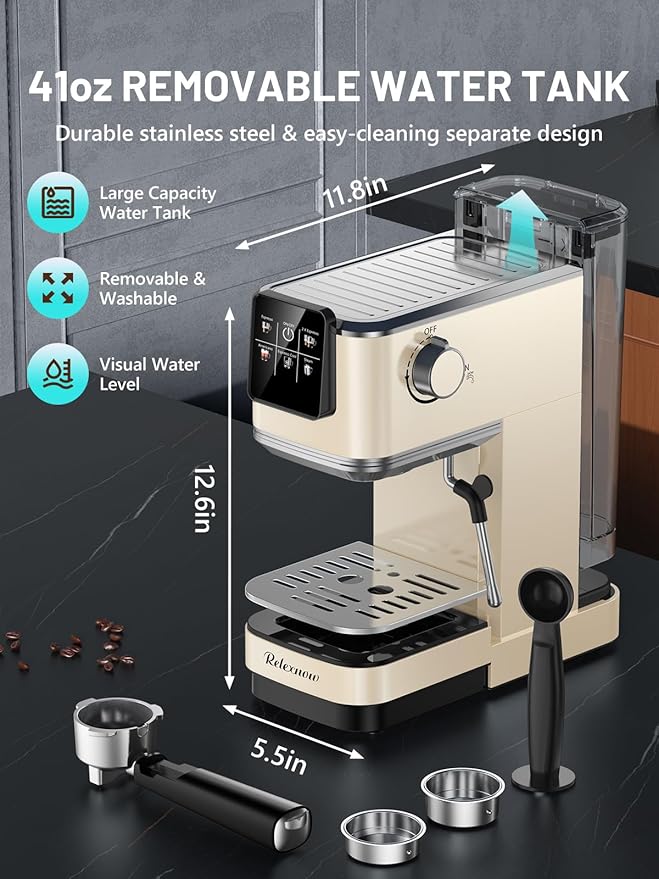 RELEXNOW Espresso Machine, 20 Bar Espresso Maker Milk Frother & LCD Panel, Hot & Iced Coffee Machine, Stainless Steel Espresso Coffee Machine with 41oz Water Tank for Cappuccino, Latte