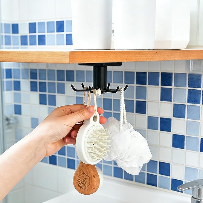 360° Rotating Kitchen Hooks, Adhesive Utensil Organizer Rack with 6 Hooks - No Drill Cabinet Mount for Spoons, Towels & Cups (1pcs)