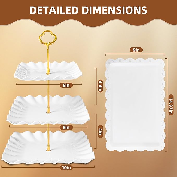 10 Pack Dessert Table Display Set - 4 x Three-Tier Square Cupcake Stands and 6 x Serving Trays, Elegant Tableware for Cakes, Cupcakes, Pastries, and Snacks, Perfect for Parties (White)