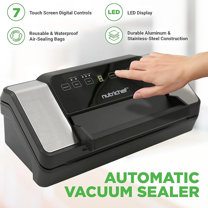 NutriChef Premium Vacuum Sealer Machine Automatic, Powerful Food Vacuum Sealer Machine with Bags, Touchscreen, Cutter & Multi-Modes for Dry, Moist & Soft Food Storage, Prep, and Sous Vide Cooking