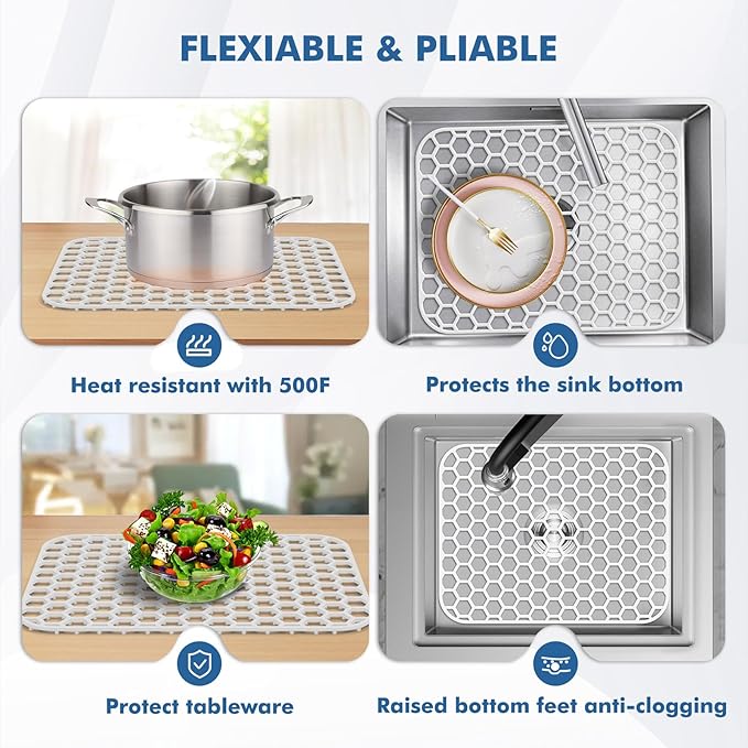 Bestjing Silicone Sink Protectors for Kitchen Sink - 16.65"x12.2" Kitchen Protector Accessory, Non-Slip Heat Resistant Mat for Bottom of Farmhouse Porcelain Stainless Steel (White)