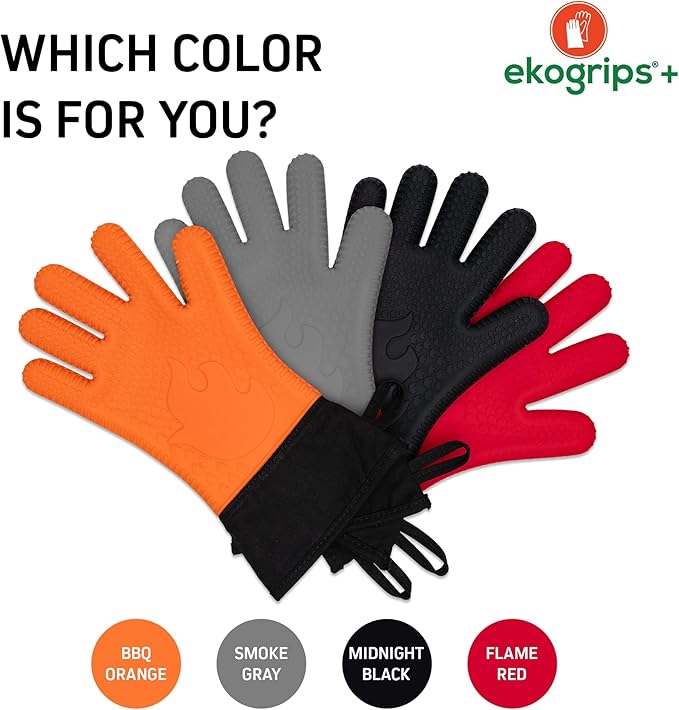 Ekogrips+ Premium Silicone Oven Mitts - Comfy, Waterproof, Heat Resistant BBQ Gloves for Grilling, Long Cuff for Added Protection, 5 Finger Dexterity, 3 Sizes, 4 Colors, S/M, Black