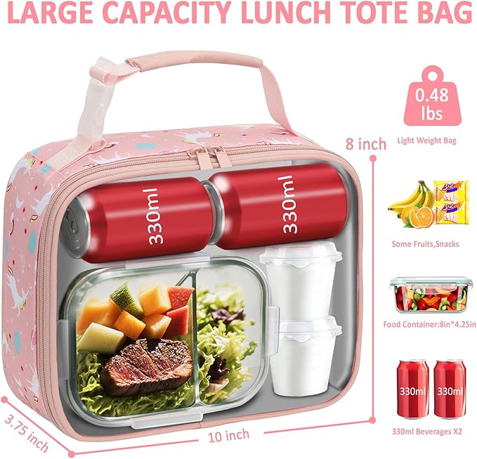 Lunch Box Kids Insulated Lunch Bag for Boys Girls Cute Reusable Lunch Tote Bag Waterproof Portable Thermal Lunch Box Kids for School Picnic Travel Pink Unicorns