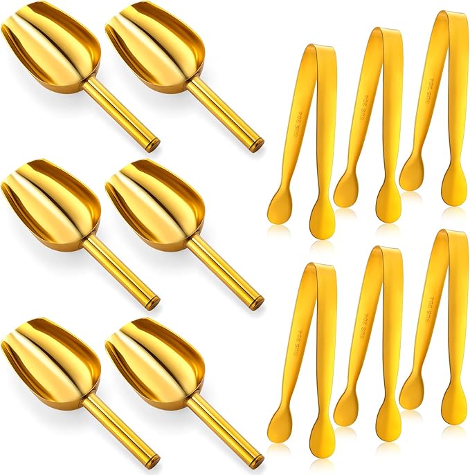 12 Pcs Gold Stainless Steel Ice Scoop and Mini Tongs Ice Shovel Scoop Kitchen Cube Buffet for Kitchen Dispenser Buffet Jars,Scooping Coffee Bean,Desserts Party