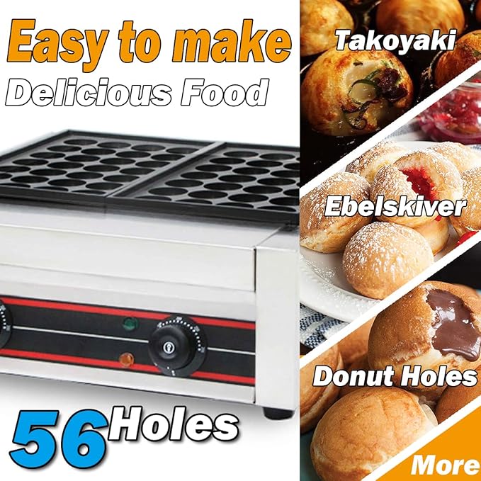 Takoyaki Maker Commercial Ebelskiver Pan 56 Holes Electric Grill Machine for Aebleskiver, Cake Pops, Pancake Balls, Donut Holes, 4000W, 110V