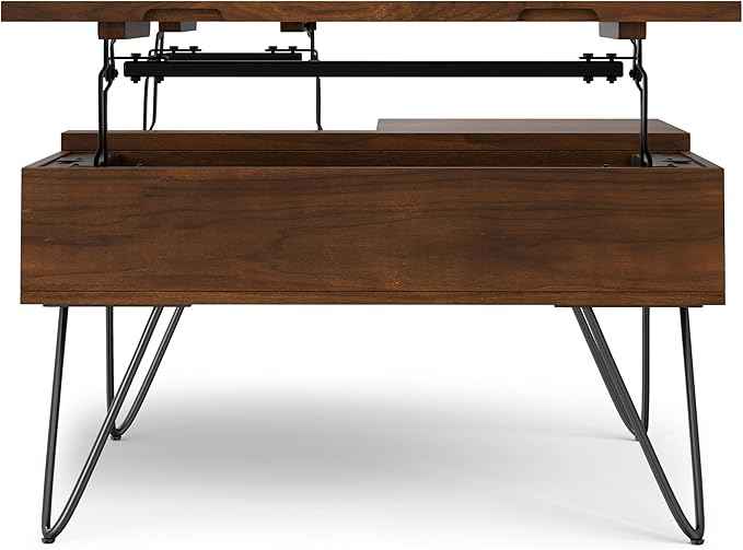SIMPLIHOME Hunter Lift Top Coffee Table - 32 inch Wide Walnut Veneer and Metal Industrial Square Cocktail Table, Living Room Table with Dual Lift Tops, Hidden Storage and Hairpin Legs