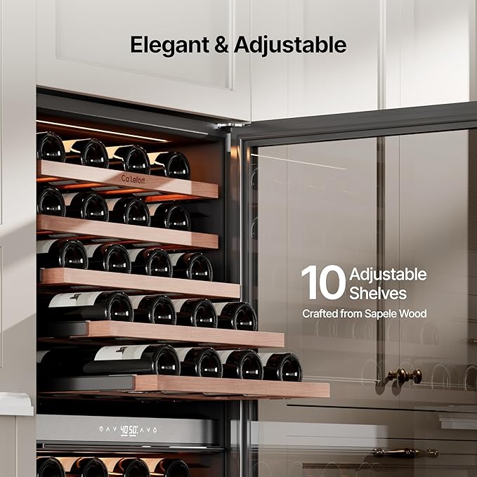 Ca'Lefort 90 Bottle Wine Fridge - 24 Inch Dual Zone Wine Cooler 40-65°F with Bottom Drawer, 10 Adjustable Shelves & 3 LED Lights, Energy Star Certified Built-in or Freestanding for Home/Bar/Kitchen
