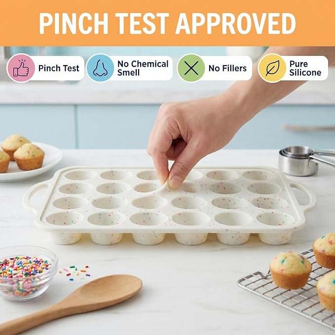 2-Pack - Silicone Mini Muffin Pan, – 24-Cup, Nonstick Silicone Muffin Pans for Baking with Metal-Reinforced Handles, – BPA-Free Muffin Tin Tray for Mini Cupcakes & Snacks – Dishwasher Safe, Cream
