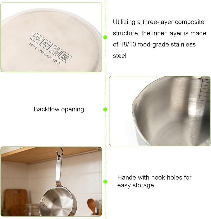 18/10 Stainless Steel Butter Warmer with Silicone Scraper – 13.5 fl oz (400 ml) Mini Saucepan with Pour Spouts, Milk/Coffee/Chocolate Melter, Compatible with Induction & Gas Stoves