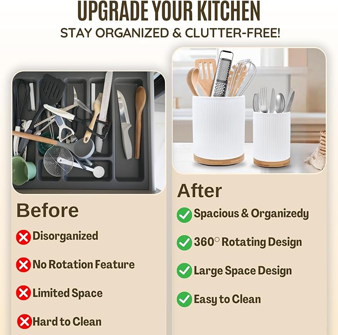 2 Pack Ceramic Utensil Holder, 7.3"+5.4" Large kitchen utensils holder for Countertop, 360° Rotating Cooking Utensil Crock for Kitchen Counter with Detachable Wooden Base, Kitchen Décor