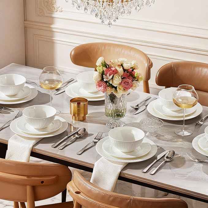 KINGSTONE Bone China Dinnerware Set, 12-Piece White Lightweight Porcelain with Textured Design Service for 4, Plates, Bowls, for Family Dining, Restaurants, Gifting, Microwave and Dishwasher Safe