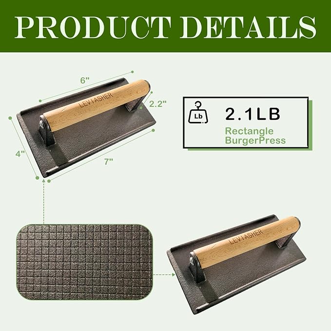 2.2 lb Heavy Duty Cast Iron Grill Press, 7.8X3.9 inch Rectangle Bottom Granular Burger Press with Wood Handle for Blackstone, Chef, Camp, Panini, Vegetable, Bacon, Sandwich, BBQ, 2 Pack