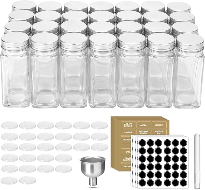 Antimbee 28 Pcs Clear Glass Spice Jars,3.5 oz Glass spice jar with 324 labels, Funnel,Chalk Pen,Shaker Lids and Airtight Metal Caps, Empty Square Spice Bottles for Spice Rack, Cabinet, Drawer