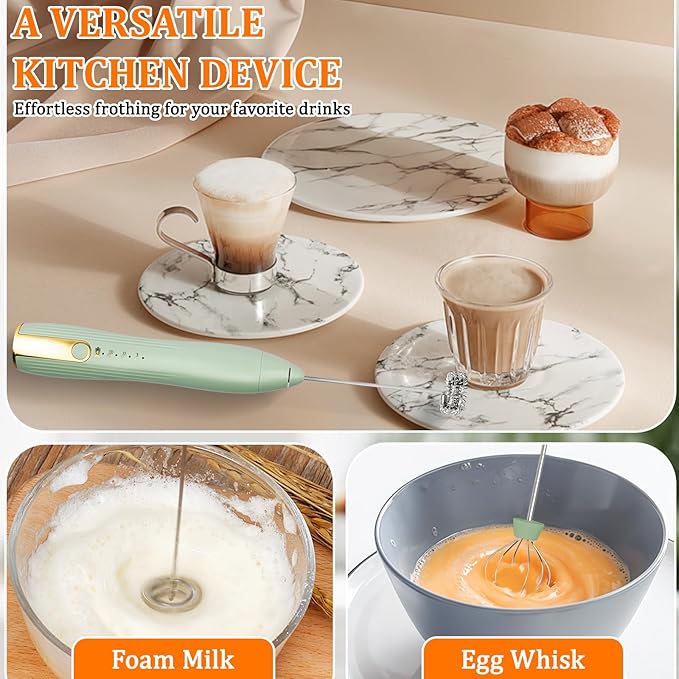TonJin Frother Wand Rechargeable USB-C Milk Frother Handheld Mixer Electric with 2 Whisk Heads, 3 Speeds Adjustable Coffee Drink Mixer for Lattes, Matcha, Hot Chocolate, Egg, Matcha(Green)
