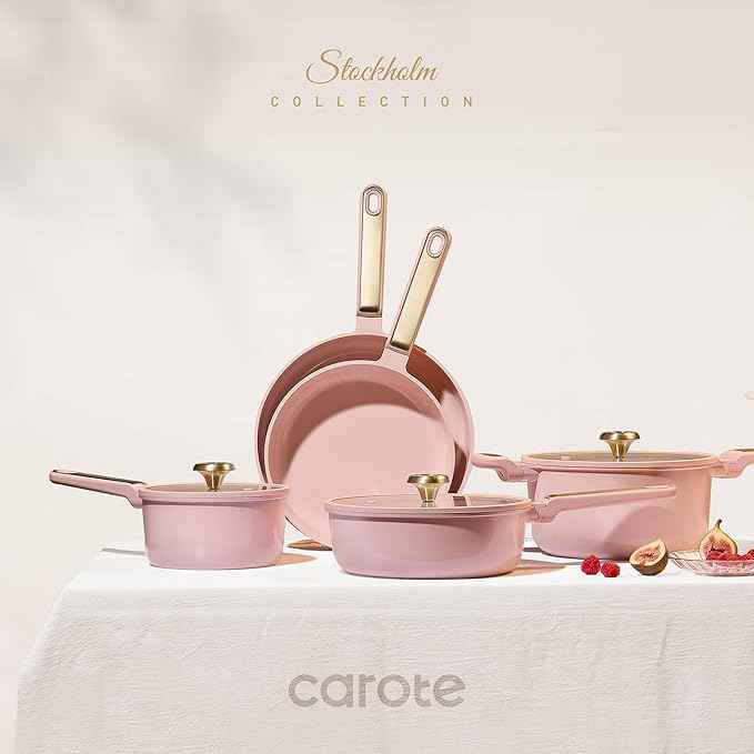 CAROTE Ceramic Cookware Set Nonstick, 14pcs Pots and Pans Set Nonstick, Non-Toxic & PFAS-Free, Dishwasher, RV/Camping Cookware Set, Cooking Pots with Lids, Pink Blush