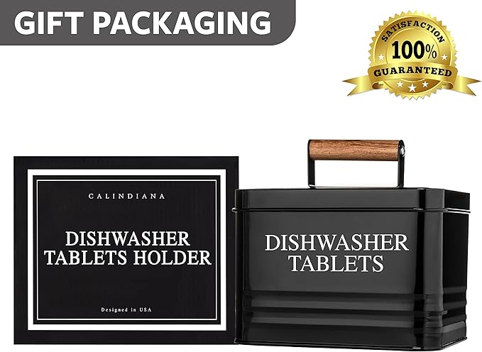 Calindiana Modern Farmhouse Metal Dishwasher Pods Container Holder with Lid for Kitchen Organization and Storage, Kitchen Essentials Decor Accessories, Black