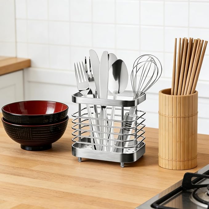 2 PCS Utensil Holder Stainless Steel Drying Rack Kitchen Counter Cutlery Silverware Flatware Drainer Caddy Forks, Knives, Spoons, Chopsticks Organizer (Black, Silver)