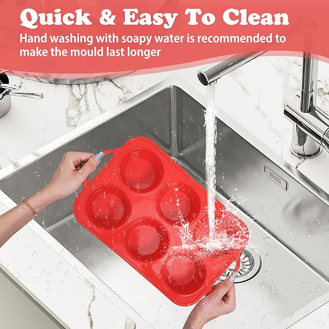 2 Pack Jumbo Silicone Muffin Pan with Metal Frame, Non-stick Large Silicone Cupcake Pan with Handles 6 Cup, Silicon Muffin Tin Tray for baking, egg bites, Cupcake Mold, BPA Free Red